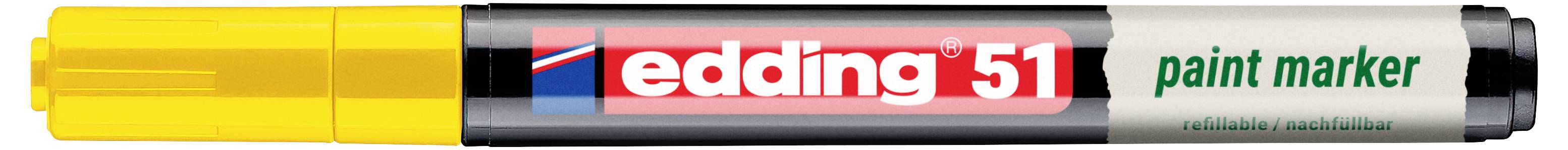 Gelber Edding 51 Lackmarker mit schwarzem und grauem Schaft, rotem Logo-Etikett und grünem Schriftzug auf der Kappe auf weißem Hintergrund.