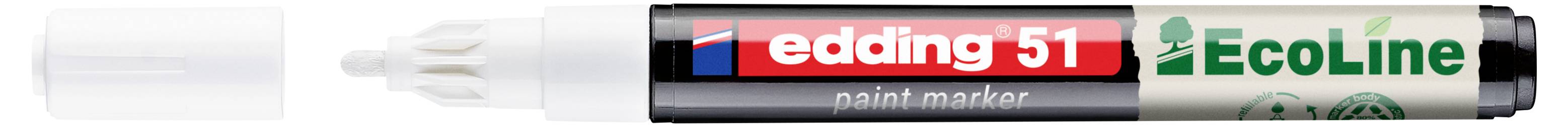 Ein weißer Lackmalstift mit schwarzer Kappe und Etikett mit der Aufschrift „edding 51