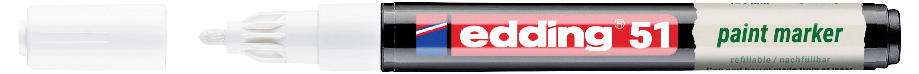 Edding 751 Lackmalstift mit schwarzem, rotem und silbernem Schaft sowie grünem Spitzenetikett.