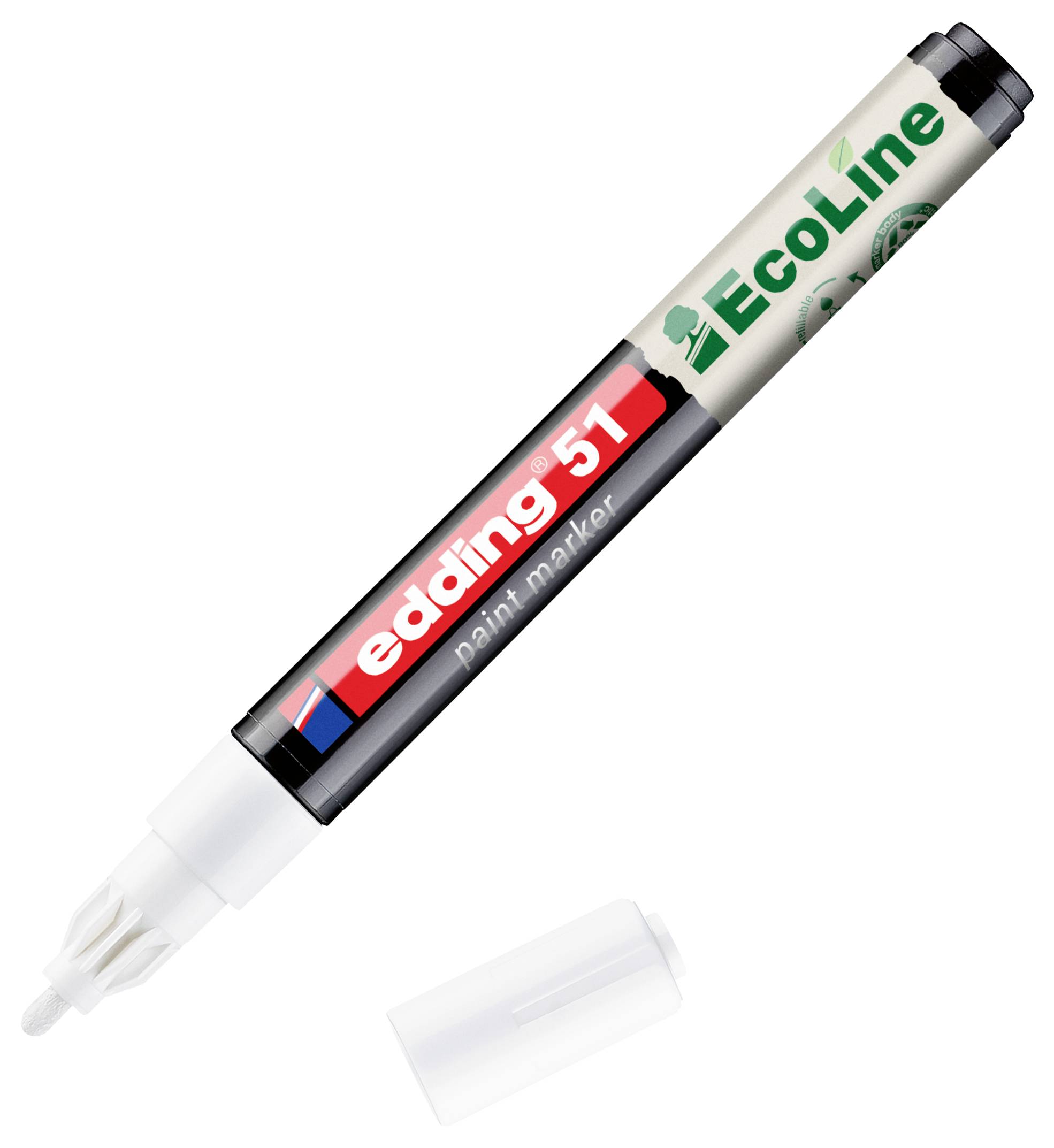 Ein schwarzer, silberner und grüner Edding 51 Lackmarker mit abgenommener Kappe, diagonal dargestellt mit freiliegender Spitze und Kappe darunter.