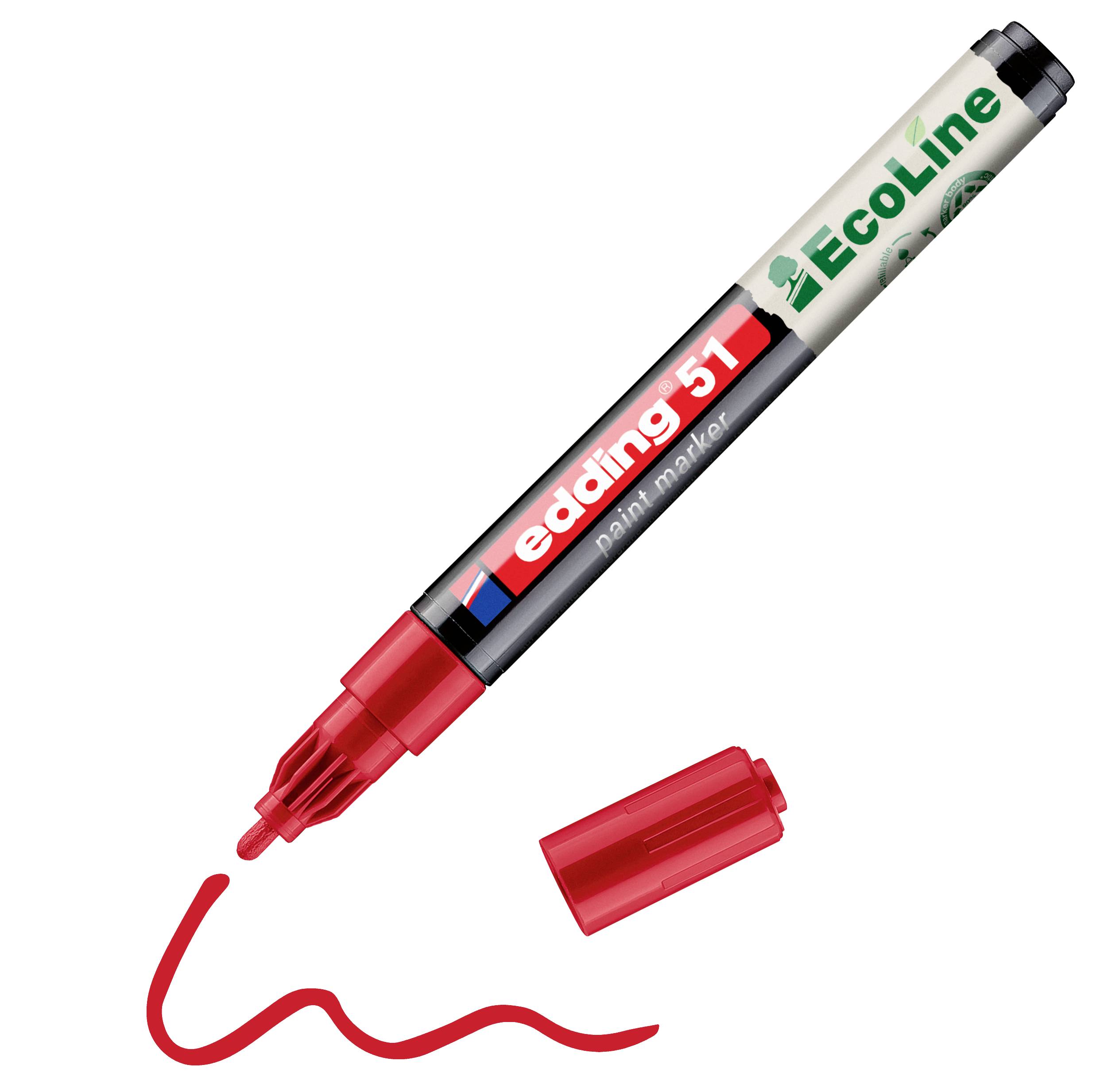 Edding 51 Malstift in Rot mit abgenommener Kappe, der eine rote Zickzacklinie zeichnet; auf dem Schaft ist „ECOLine