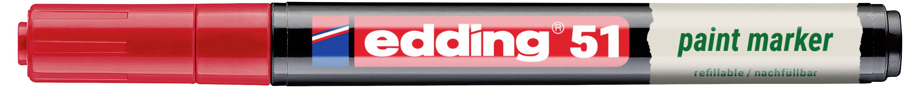 Roter Lackmalstift mit Kappe und Spitze, beschriftet mit "edding 51 Lackmarker" und "zuverlässige permanente Tinte".