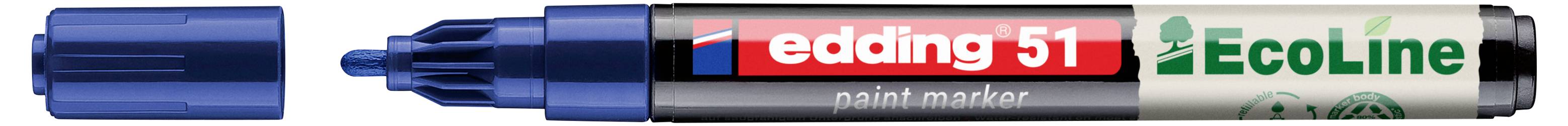 Blauer Edding 51 Malstift mit Kappe, neben seiner offenen Spitze gezeigt, mit der Bezeichnung Ecoline.