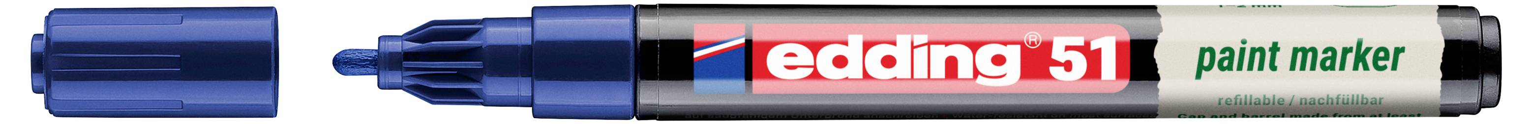 Blauer Edding 51 Lackmarkerstift mit abgenommener Kappe, zeigt die Spitze und den beschrifteten Schaft auf weißem Hintergrund.