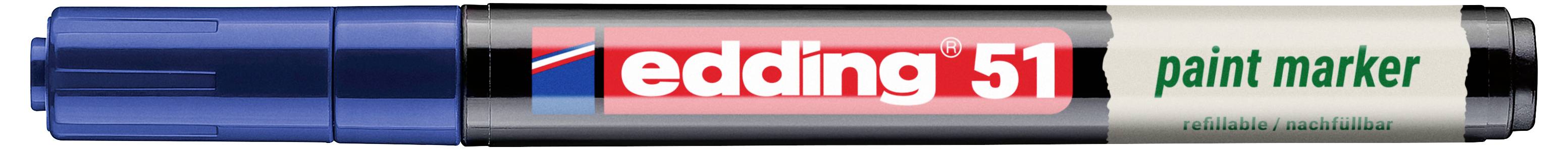 Blauer und silberner Edding 51 Lackmarker mit rotem Logo, grünem "paint marker"-Text und einer blauen Kappe auf der linken Seite.