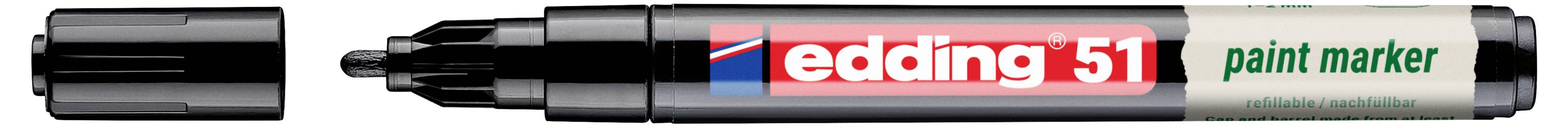 Ein schwarzer Lackmarkerstift mit der Bezeichnung „edding 751" mit breiter Meißelspitze und Kappe, gezeigt auf weißem Hintergrund.