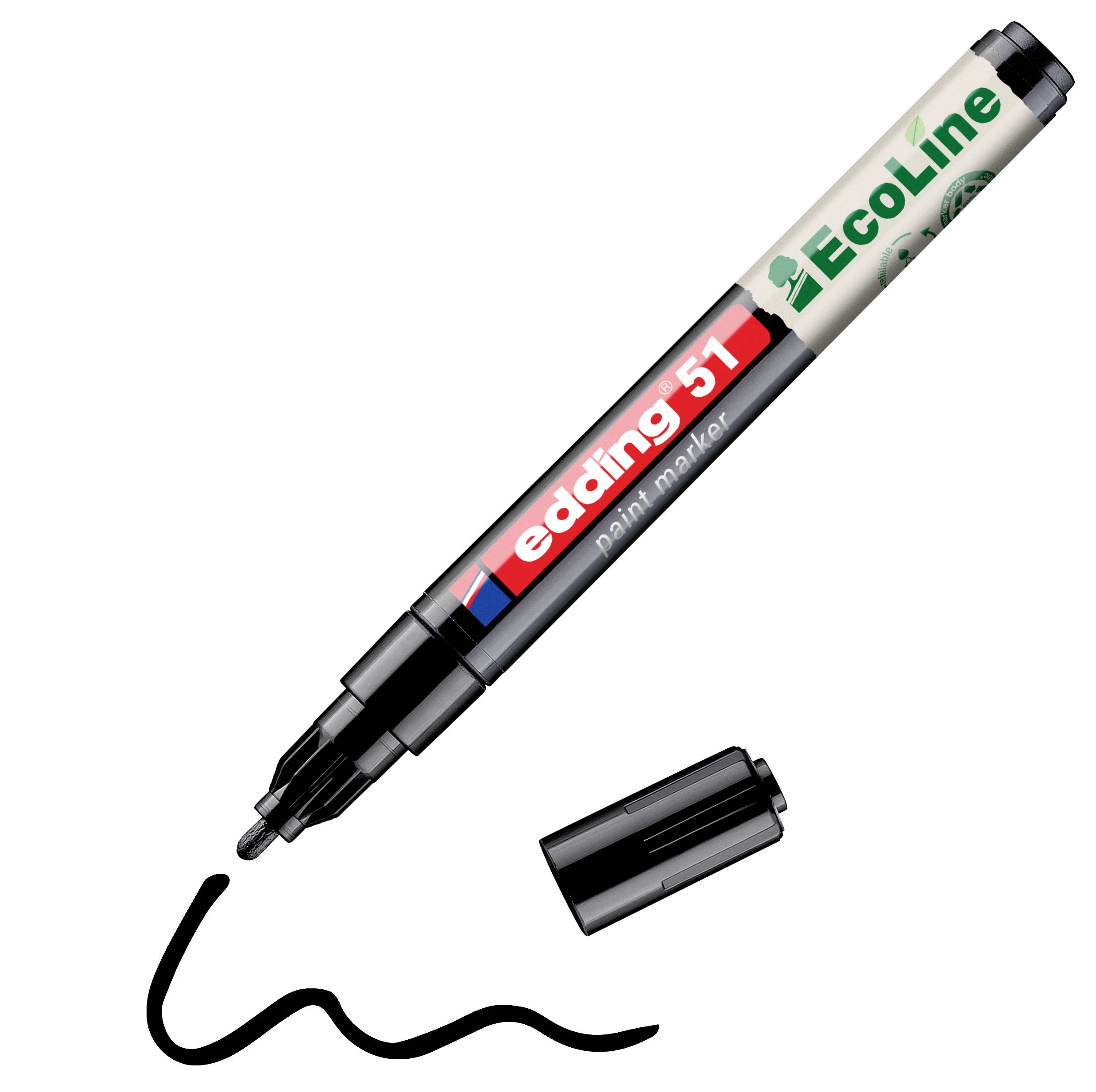 Black Edding 51 Lackmarker mit entfernter Kappe, zeigt eine gezogene schwarze Wellenlinie und die Markerspitze.