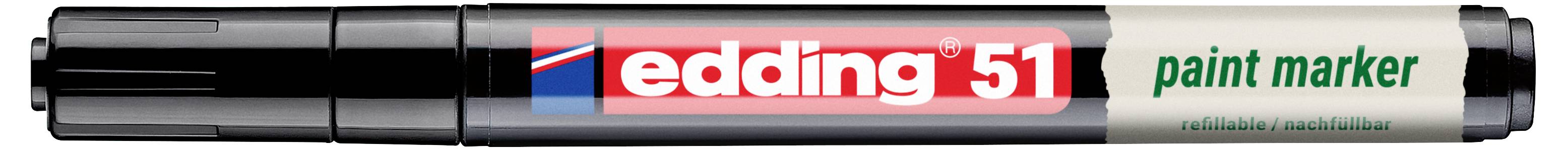 Schwarzer Edding 51 Lackmarker mit rotem und grünem Etiketttext.