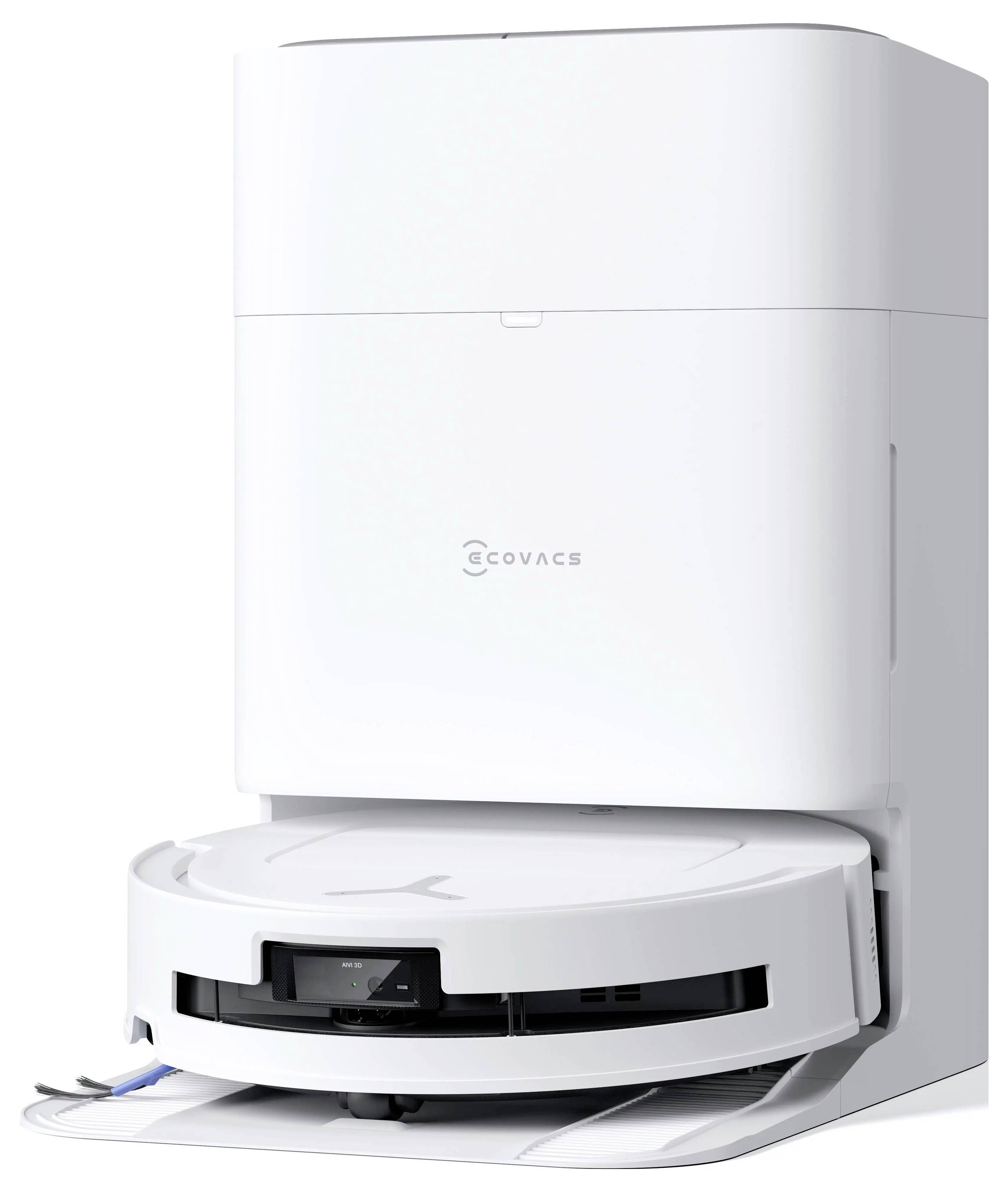 Weißer ECOVACS Roboterstaubsauger in seiner Ladestation angedockt mit einem sichtbaren Moppad darunter.
