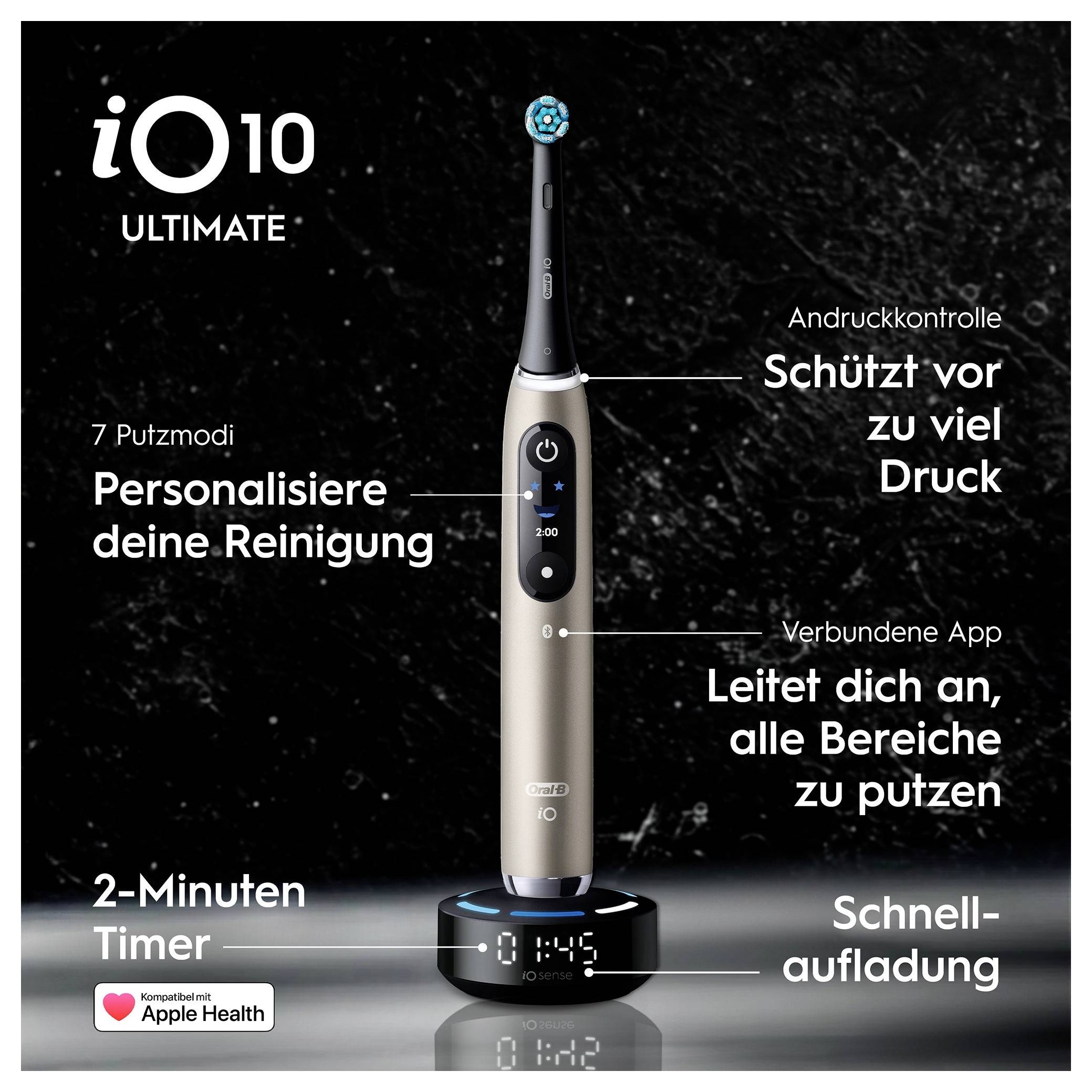 Werbebild einer Oral-B iO10 Ultimate elektrischen Zahnbürste auf einer Ladestation, das 7 Reinigungsmodi, Druckkontrolle, verbundene App-Anleitung, 2-Minuten-Timer und schnelles Aufladen hervorhebt.