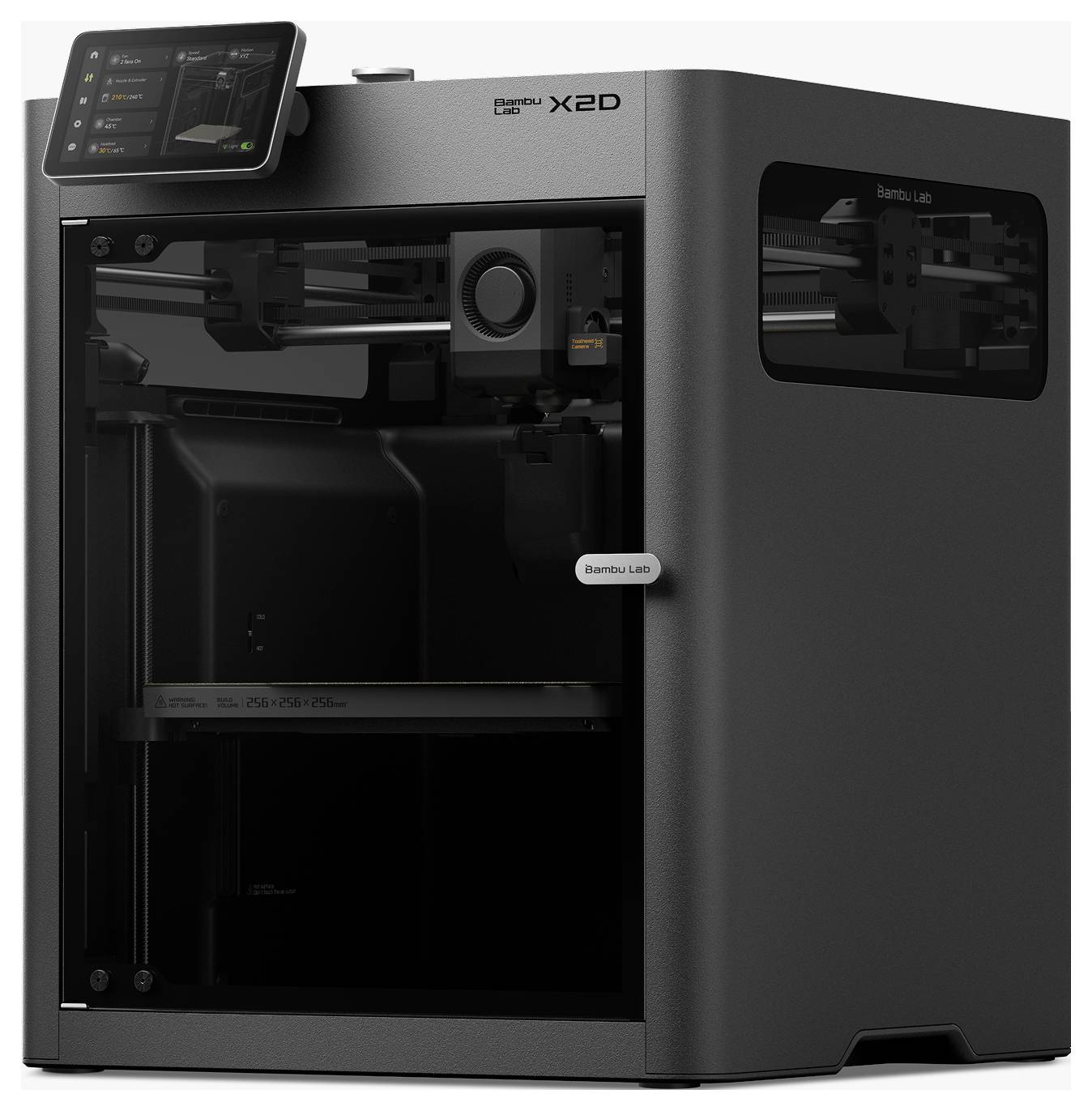 Ein schwarzer Bambu Lab X2D geschlossener 3D-Drucker mit Touchscreen-Display, von vorne in leichtem Winkel gezeigt.