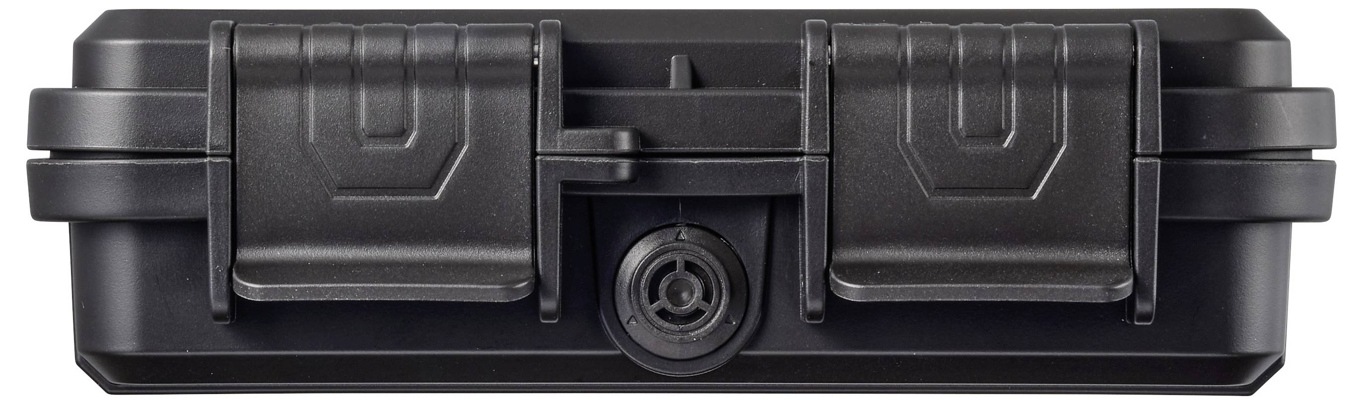 Schwarze Hartschalen-Schutzbox mit zwei vorderen Verschlüssen und einem zentralen Verschlussloch, geschlossen vor neutralem Hintergrund gezeigt