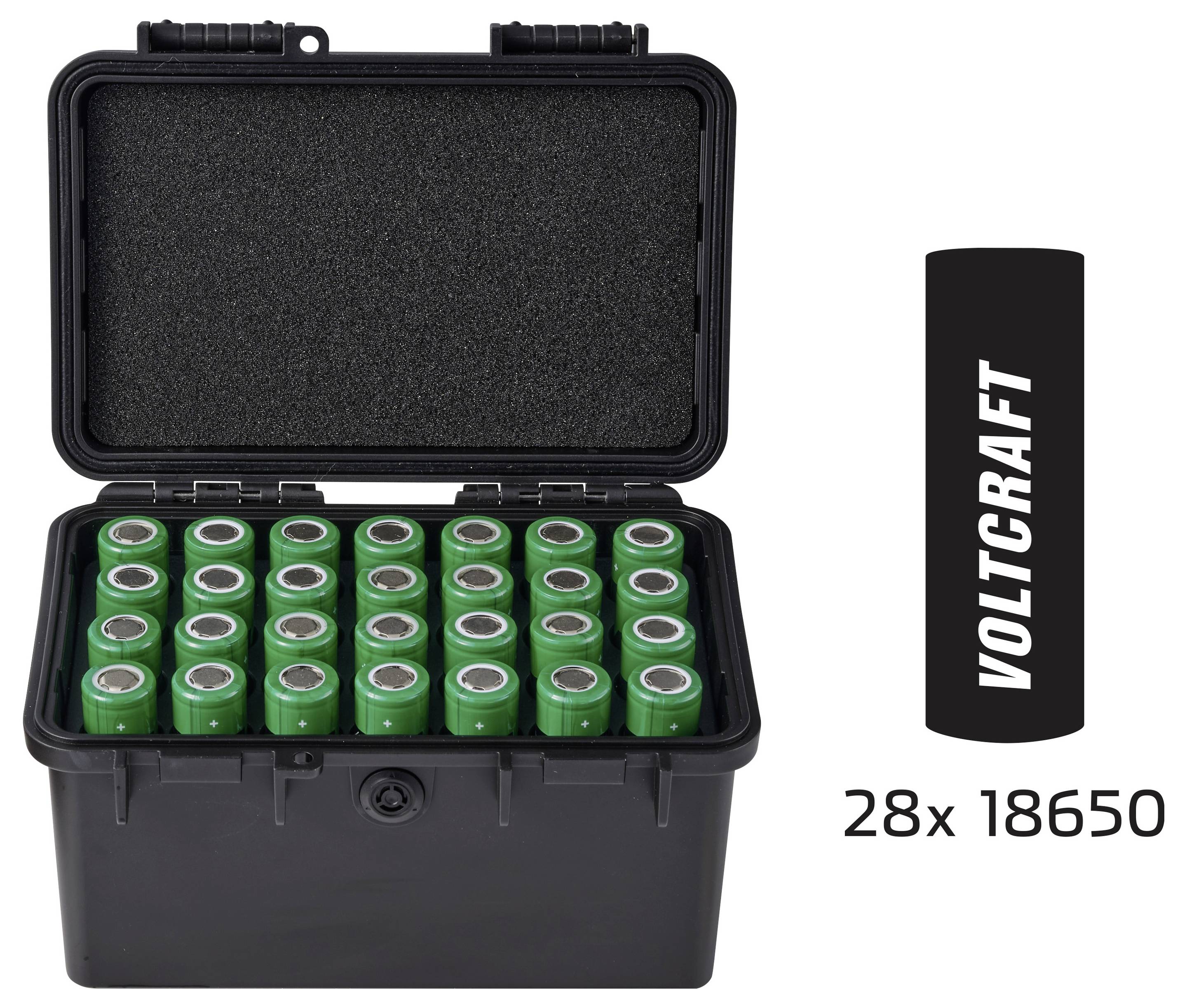 Offene schwarze Aufbewahrungsbox mit 28 grünen 18650-Batterien, mit einem 