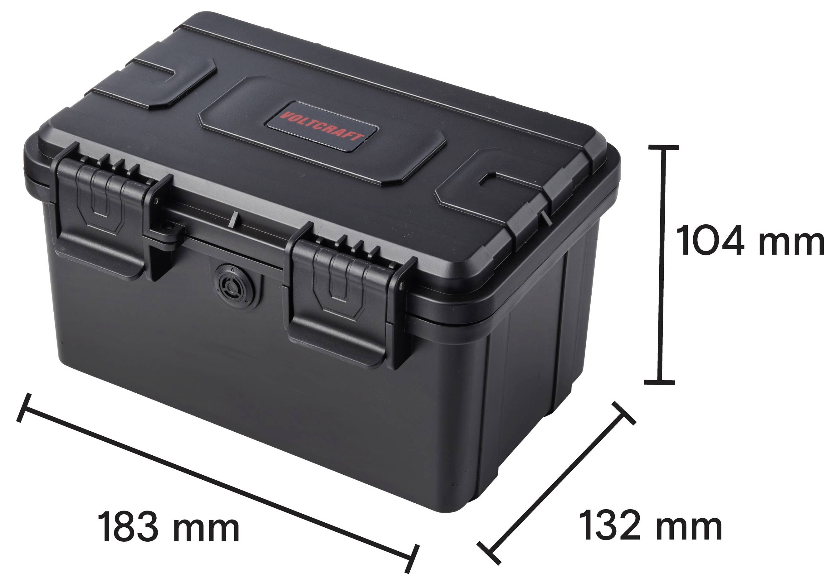 Schwarze harte Aufbewahrungsbox mit Schnappverschlusdeckel, gezeigt mit Abmessungen von 183 mm Länge, 132 mm Breite und 104 mm Höhe.
