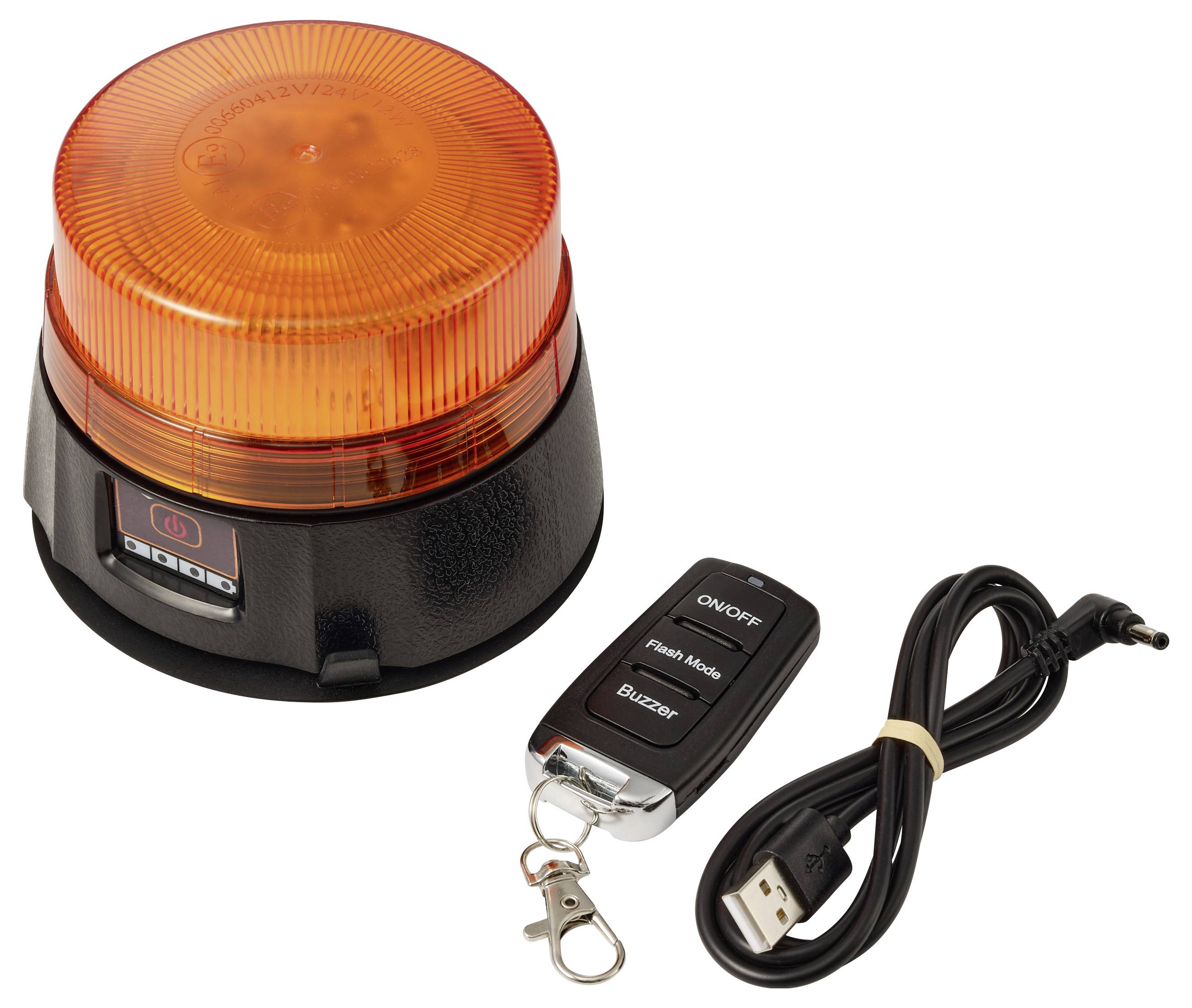Orange-Warnleuchte mit USB-Stromkabel und Fernbedienung an Schlüsselanhänger auf weißem Hintergrund.