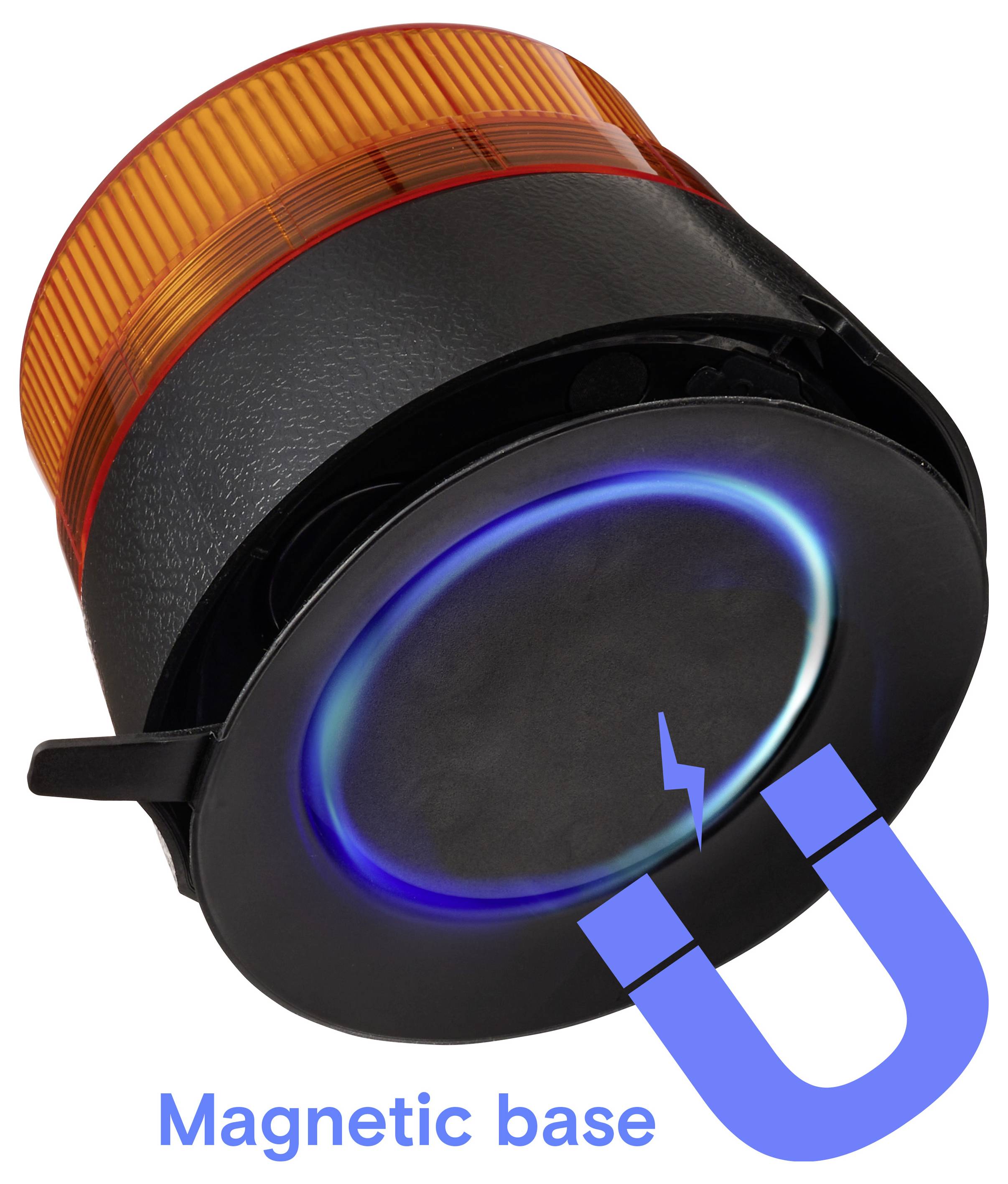 Schwarzes Warnlicht mit bernsteinfarbenem Dom und blauem Glühen, befestigt an einem U-förmigen Magneten; beschriftet mit „Magnetische Basis