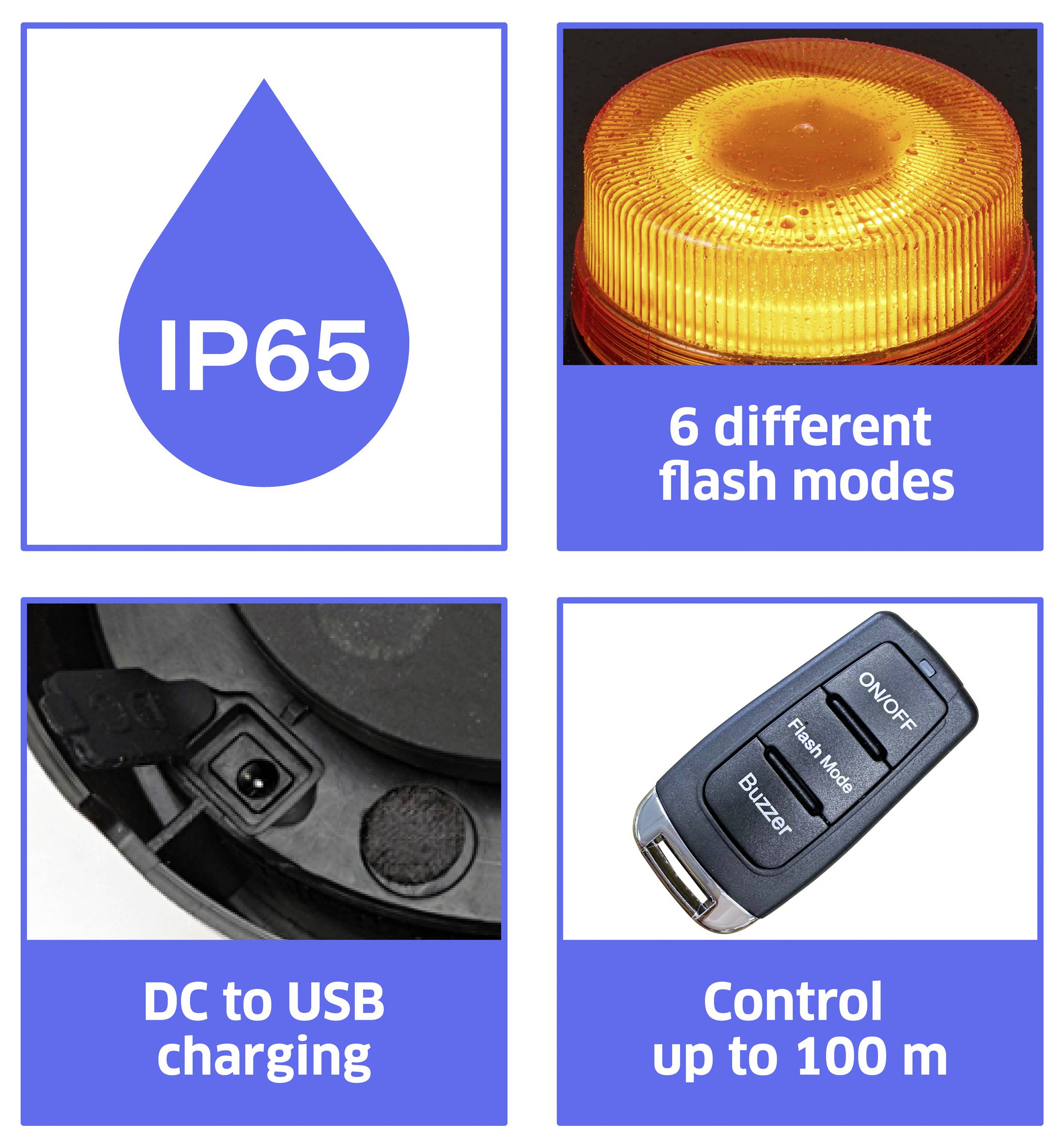 Vier Funktionskacheln: IP65-Wasserfestigkeit, Bake mit 6 Blitzmodi, DC- bis USB-Ladung und Fernbedienung bis zu 100 m.