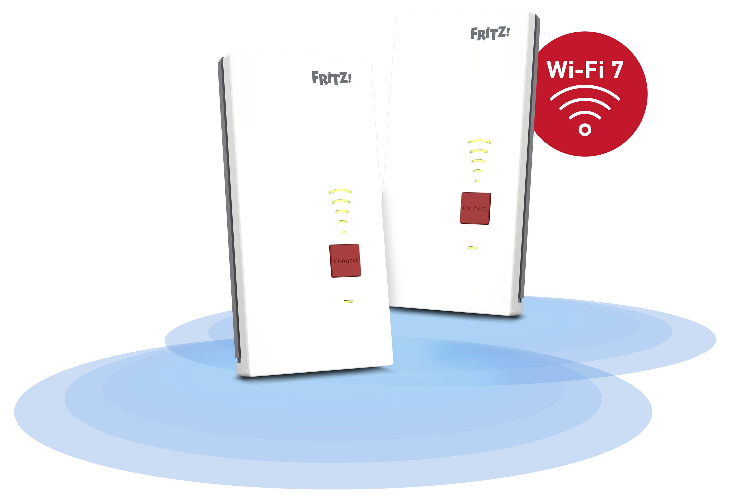 Zwei weiße FRITZ! Wi-Fi 7 Router stehen auf blauen Signalwellen, mit einem roten Wi-Fi 7 Badge.