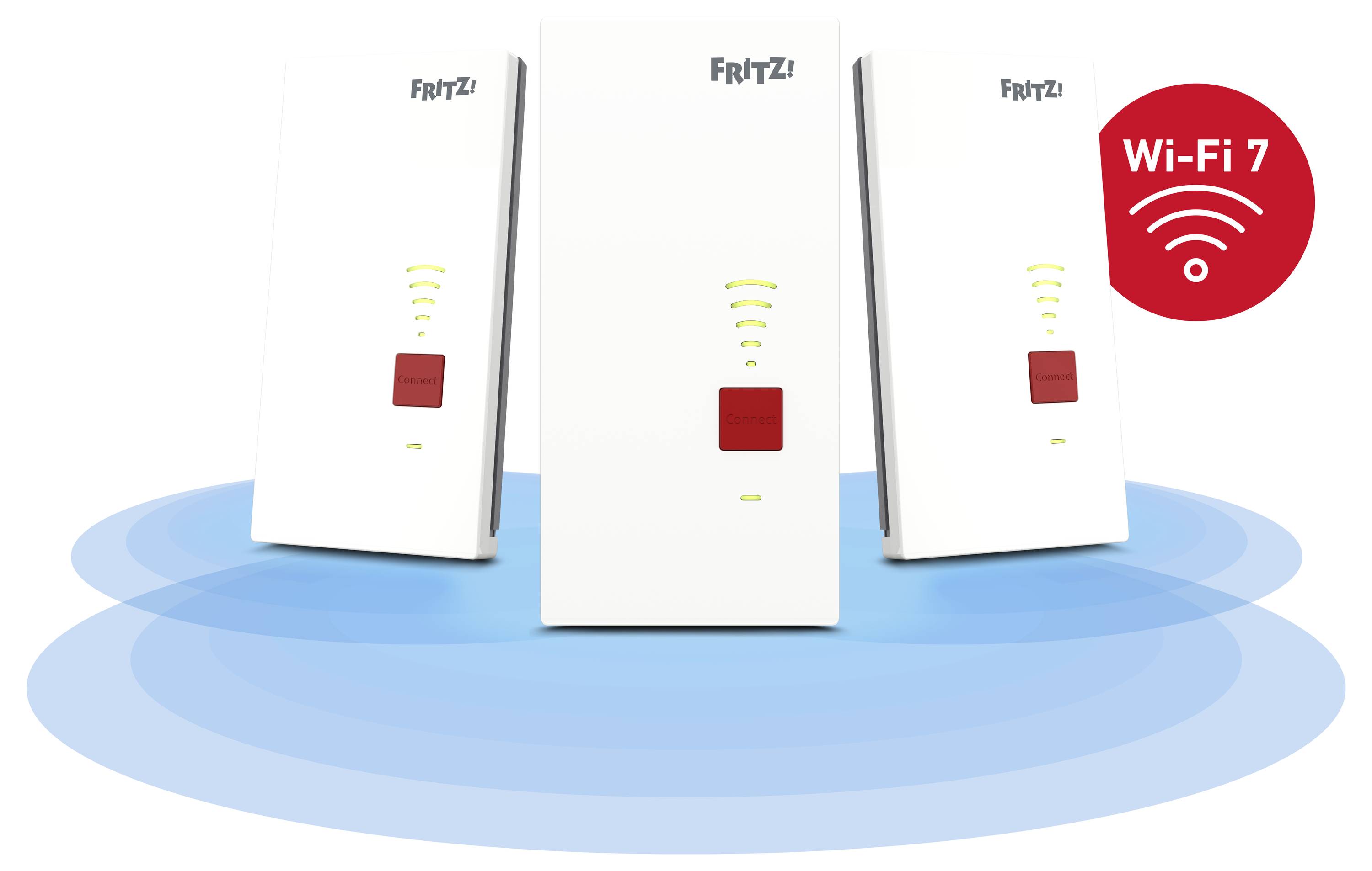 Drei FRITZ! WLAN-Router auf einer blauen Signalwelle mit einem roten 