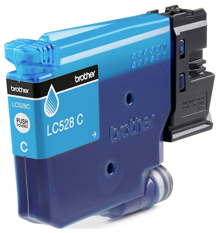 Brother LC528C Cyan-Druckerpatrone mit transparentem blauem Deckel und schwarzem Stecker, beschriftet mit „LC528C