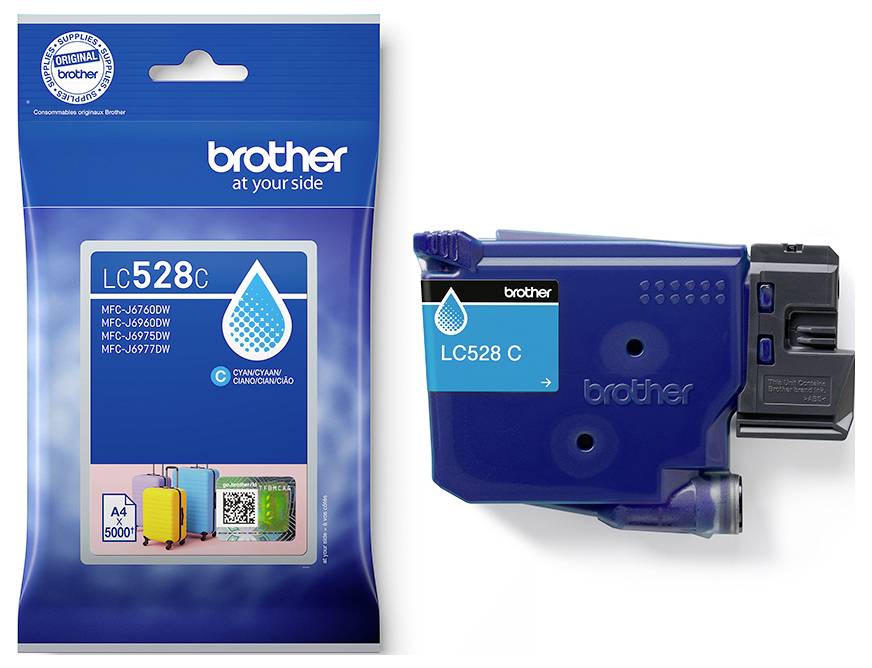 Brother LC528C Cyan-Tintenpatrone in der Verpackung neben der Patrone gezeigt, gekennzeichnet für Brother-Tintenstrahldrucker.