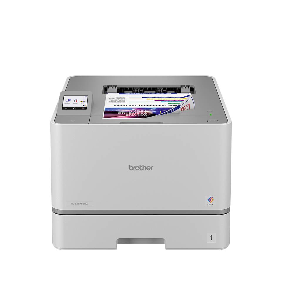 Brother Desktop-Farblaserdrucker mit Touchscreen-Display und einer teilweise aus dem oberen Fach ausgestoßenen bedruckten Seite.