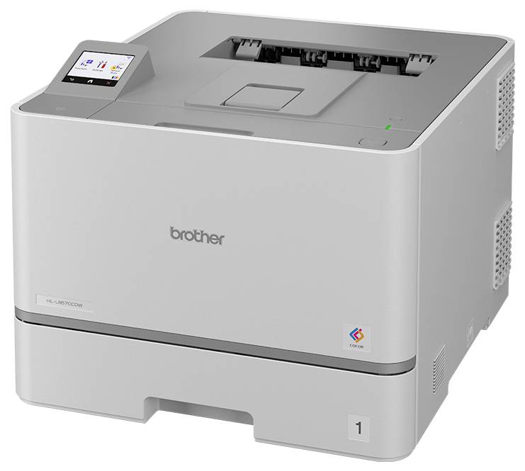 Gray Brother Laserdrucker mit Touchscreen-Display, vorderer Papierschublade und oberer Ausgabeschacht, dargestellt in einer Drei-Viertel-Ansicht.