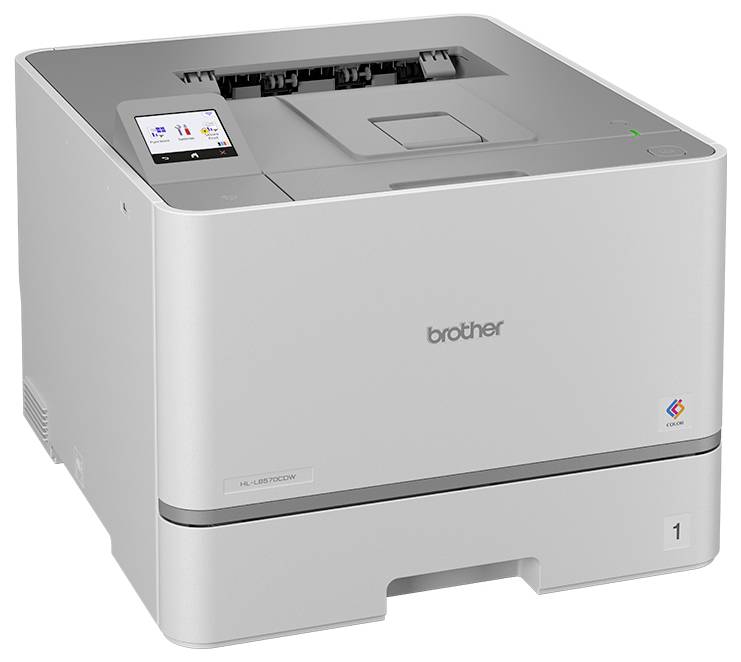 White Brother Laserdrucker mit Touchscreen-Bedienfeld und oberem Papierfach, von vorne links dargestellt.