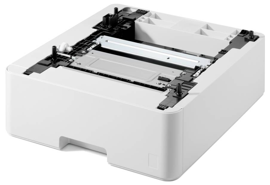 Weiße Druckerpapierzuführung oder Eingabekassette mit schwarzen Walzen und Führungen, dargestellt in einer produktgestalteten isolierten Ansicht.
