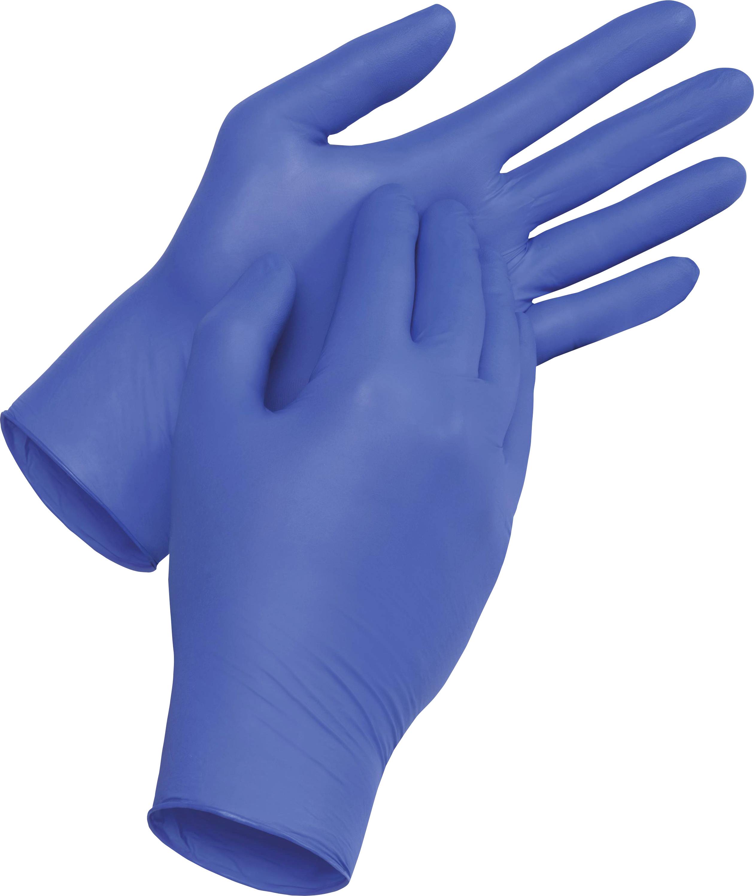 Paar blauer Einweg-Schutzhandschuhe auf weißem Hintergrund.