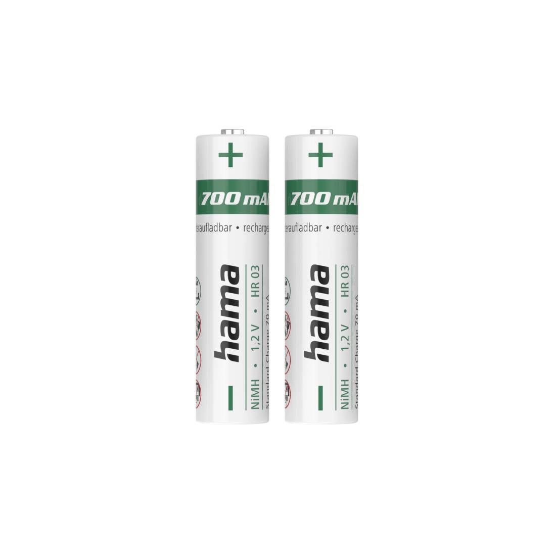 Zwei wiederaufladbare Hama-AA-NiMH-Batterien, jeweils mit der Kennzeichnung „700 mAh