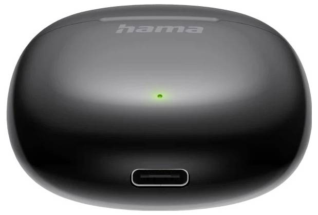 Schwarzes Hama Ladeetui mit grünem Anzeigelicht und USB-C-Anschluss auf der Vorderseite