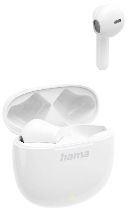 Weiße kabellose Ohrhörer mit offener Lademuschel, gezeigt in einem produktstilisierten Bild mit dem 