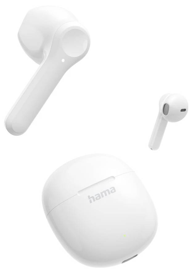 Weiße kabellose Ohrhörer mit Ladecase, in drei Ansichten auf weißem Hintergrund dargestellt; ein Ohrhörer in Nahaufnahme, ein weiterer rechts, und das mit Hama gekennzeichnete Case darunter.
