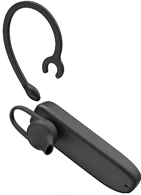Schwarzes kabelloses Ohrhörer-Headset mit Bügel zum Überziehen des Ohrs, dargestellt neben dem abnehmbaren Ohr-Hook-Zubehör auf weißem Hintergrund.