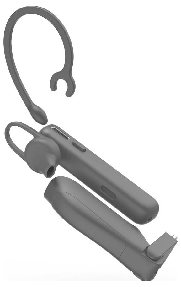 Explosionszeichnung eines kabellosen In-Ear-Bluetooth-Kopfhörers mit Ohrbügel, Ohrhörern und Komponenten der Ladeschale.
