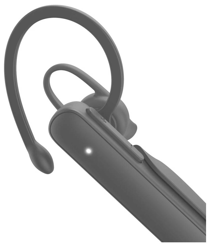 Nahaufnahme eines schwarzen kabellosen Bluetooth-Ohrhörers mit einem Überohr-Bügel und einem kleinen Indikatorlicht auf weißem Hintergrund.