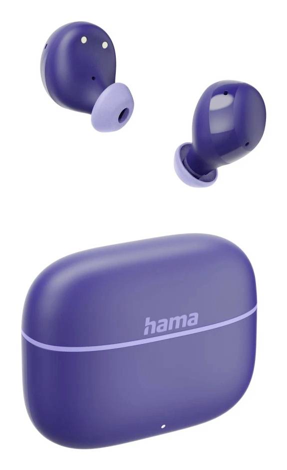 Violette drahtlose Hama-Ohrhörer mit Ladecase auf weißem Hintergrund.