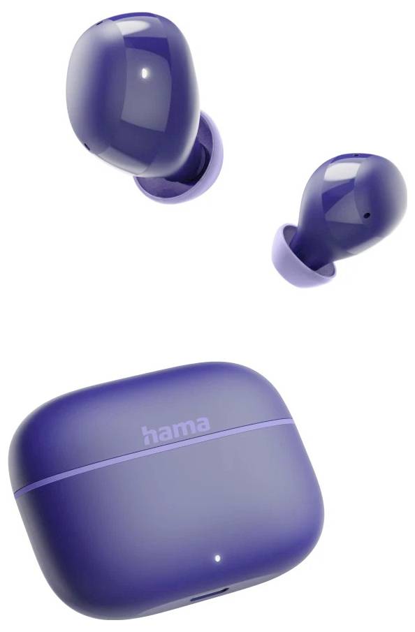 Blaue Hama kabellose Ohrhörer mit passendem Ladeetui auf weißem Hintergrund.