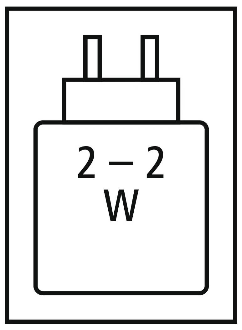 Einfaches schwarz-weißes Symbol eines zweipoligen Elektrosteckers mit der Bezeichnung „2-2 W