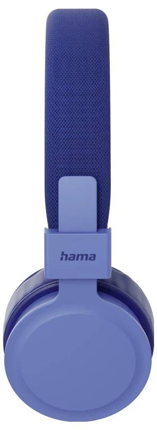 Blaue On-Ear-Kopfhörer mit gepolstertem Kopfbügel und kreisförmigen Ohrmuscheln, Vorderansicht mit Hama-Logo am Scharnier.