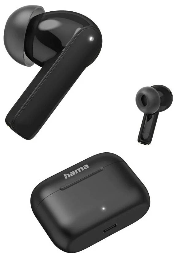 Schwarze kabellose Ohrhörer mit Ladecase, dargestellt in einer produktstilisierten Ansicht auf weißem Hintergrund, mit der Marke „hama