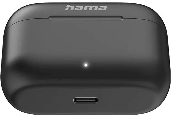 Schwarzes Hama kabellose Ohrhörer-Ladecase mit kleiner vorderer LED und USB-C-Ladeanschluss