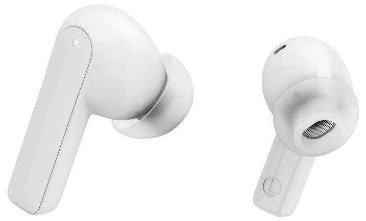 Weiße kabellose Ohrstöpsel aus zwei Winkeln gezeigt, wobei die abgerundeten In-Ear-Spitzen und dünnen Stiele mit einer 