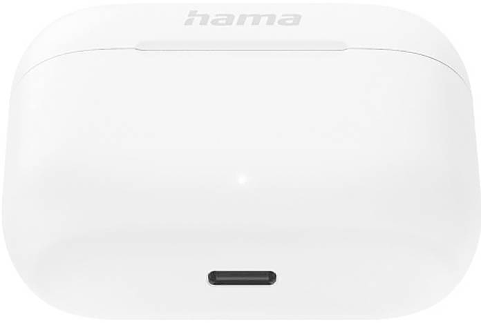 Weiße Hama kabellose Ladestation oder Powerbank, Vorderansicht gezeigt, mit einer kleinen Öffnung/Anschluss am unteren Ende.