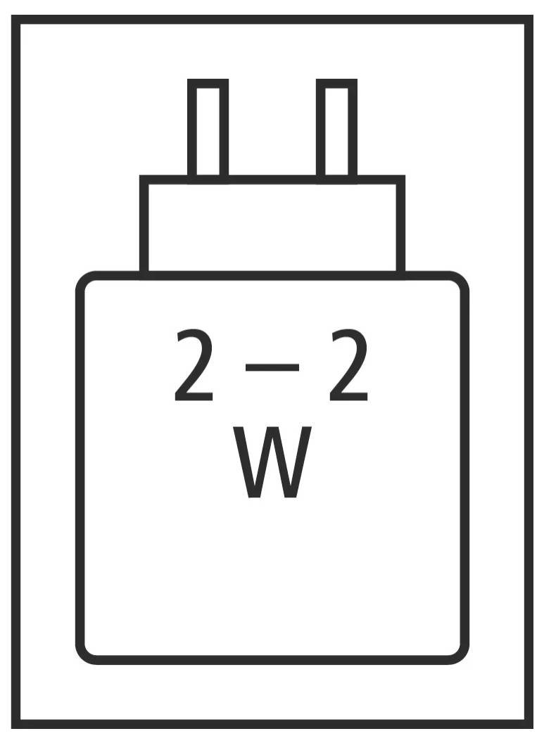 Einfaches Liniensymbol eines 2-Watt-Elektrogeräts oder Ladegeräts mit zwei Stiften, beschriftet mit „2-2 W