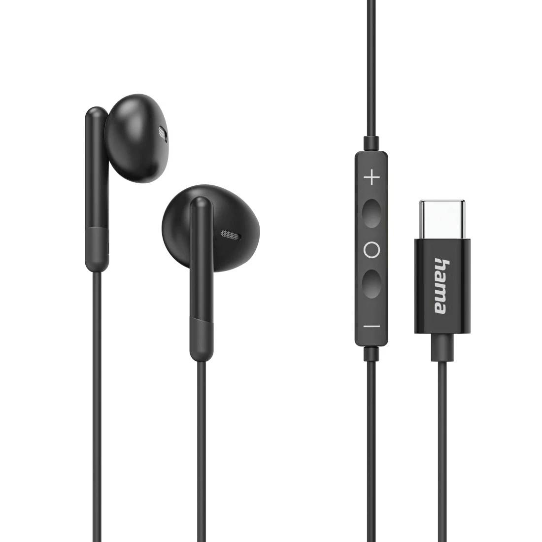 Schwarze kabelgebundene Kopfhörer mit inline Lautstärkeregler und USB-C-Anschluss mit der Bezeichnung „hama
