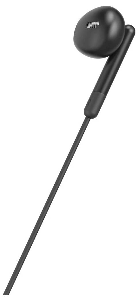 Schwarzer schnurgebundener Ohrhörer mit einem einzelnen Ohrstöpsel und langem Kabel auf weißem Hintergrund.
