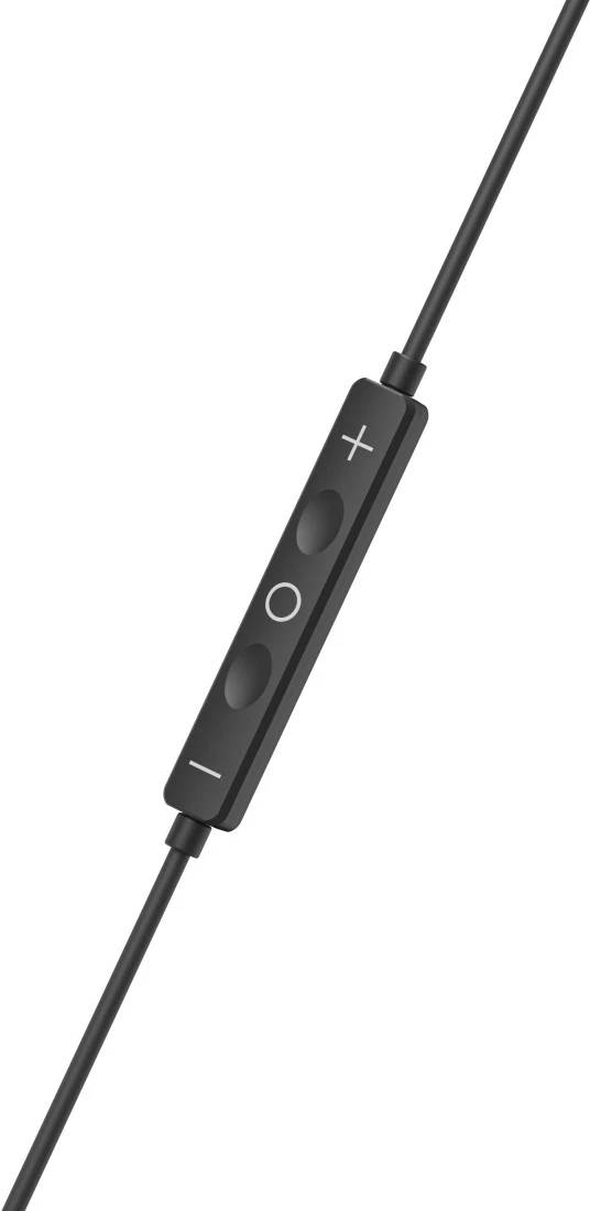 Inline-Kopfhörerfernbedienung auf einem schwarzen Kabel mit Plus-, Kreis- und Minusschaltflächen zur Lautstärke- und Wiedergabesteuerung.