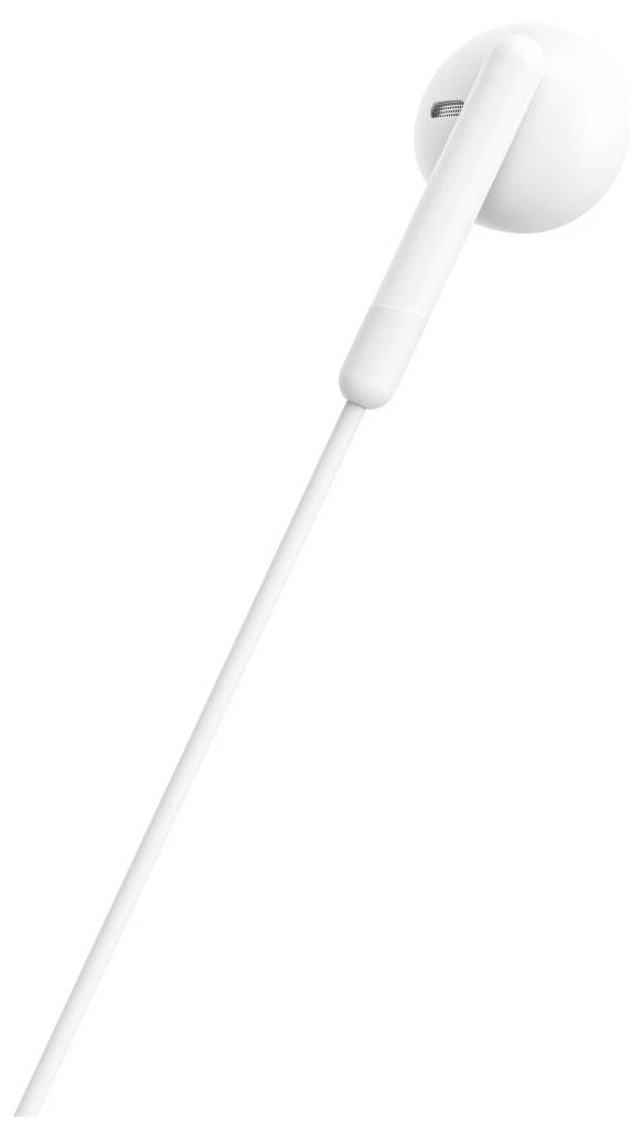 Weißer schnurgebundener Ohrhörer mit langem Kabel auf einfachem weißem Hintergrund, diagonal in Nahaufnahme gezeigt.